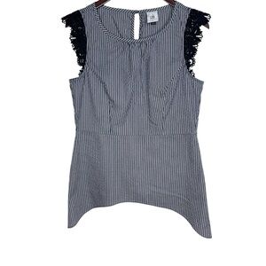 CAbi Seersucker Striped Peplum Tank Top w/ Lace Sleeves Size S